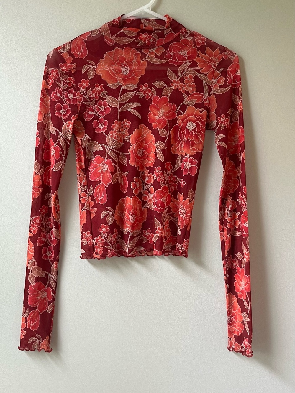 Red Floral Mesh Long Sleeve Blouse Mock Neck Medium